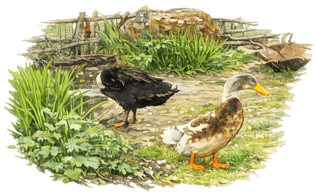 Gemalenes Bild von zwei Enten im Grünen