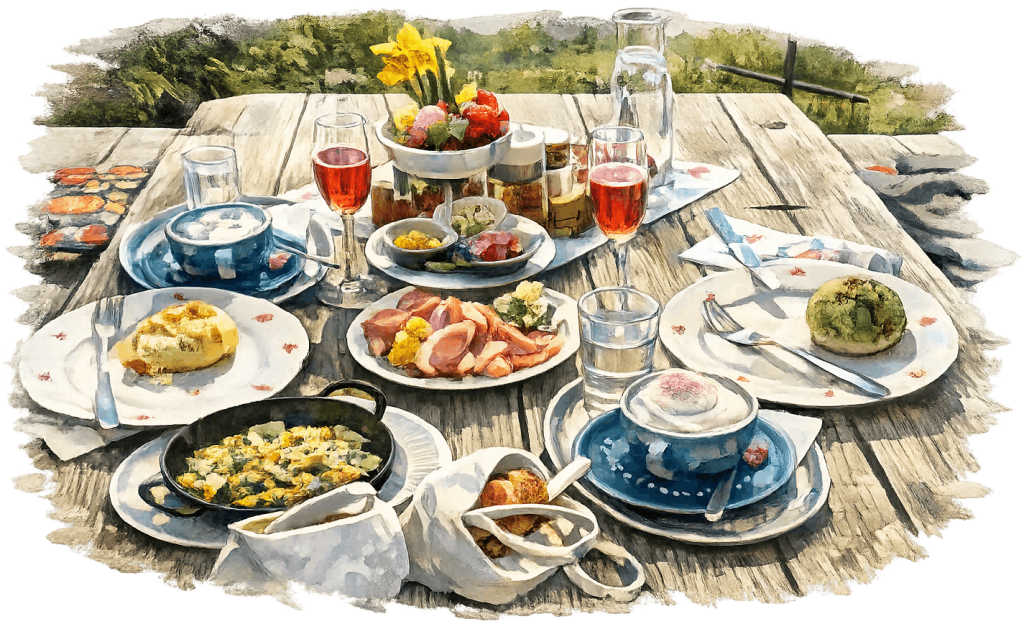 Gemalenes Bild von einem reichlich gedeckten Frühstückstisch, in der Mitte ein Etagere