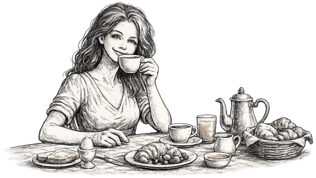 Eine junge Dame sitzt beim Frühstück und trinkt Kaffee