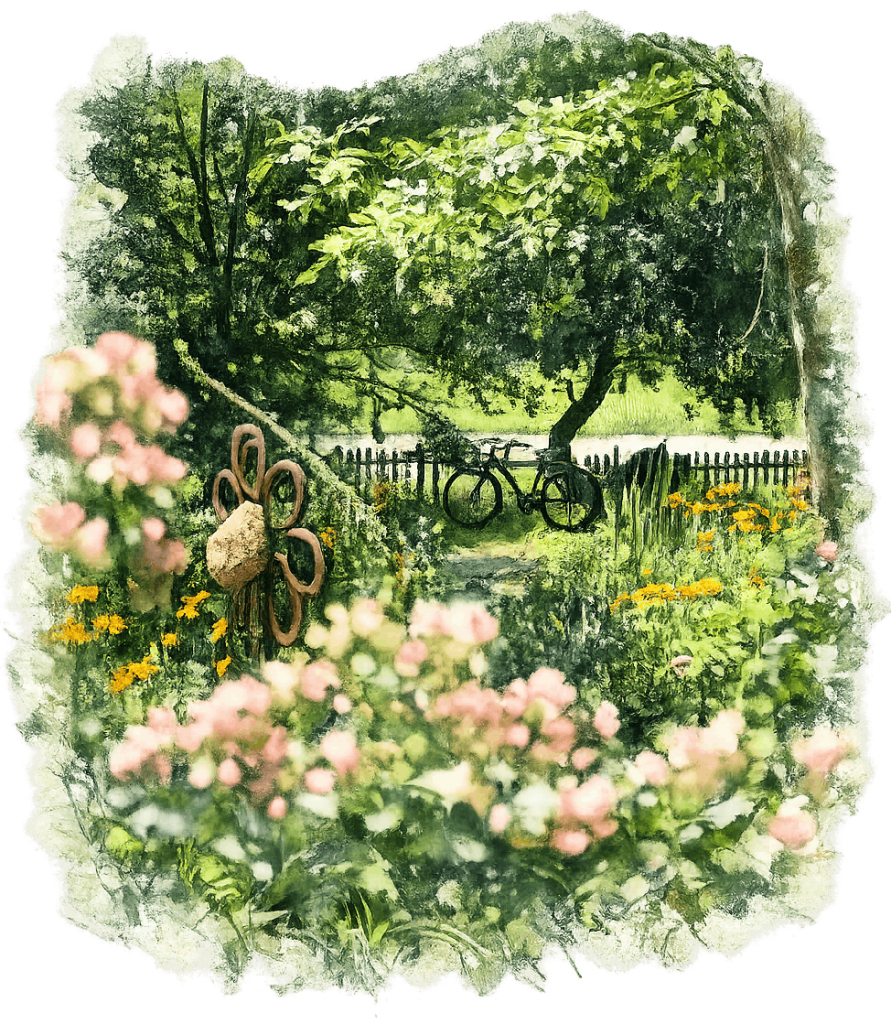 Gemalenes Bild von einem Garten, der verwunschen wirkt mit vielen Pflanzen und grünen Bäumen