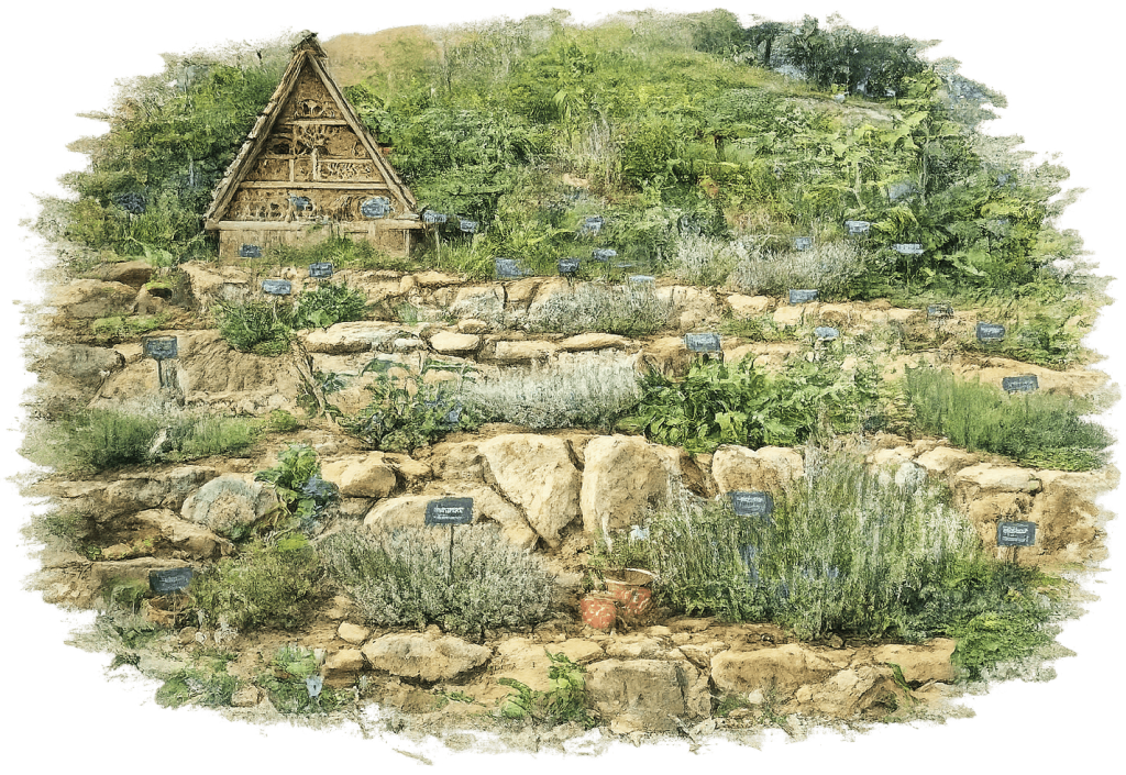 Bild von einem Garten, in dem viele Pflanzen mit Schildern beschrieben sind. Im Hintergrund ist ein Haus zu sehen.