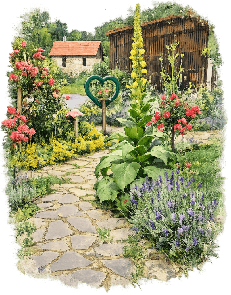 Gemalenes Bild vom Garten mit grünem Herz im Hintergrund