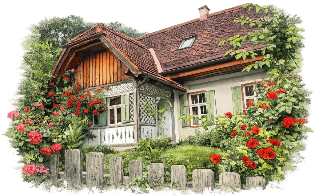 Gemalenes Haus mit Rosengarten davor