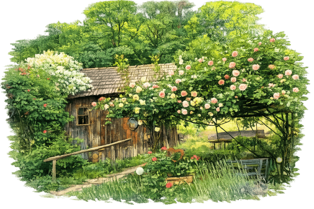 Rustikaler Garten mit Rosenbogen