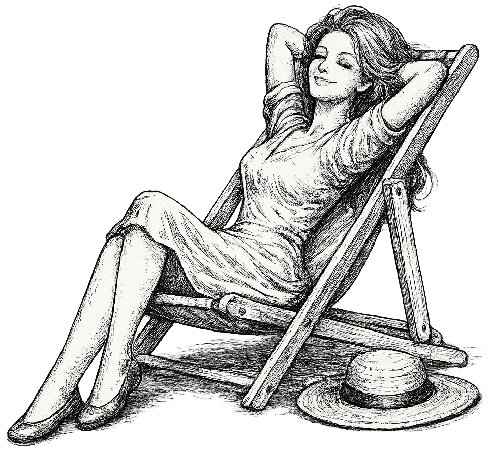 Dame sonnt sich im Liegestuhl, daneben ein Sonnenhut