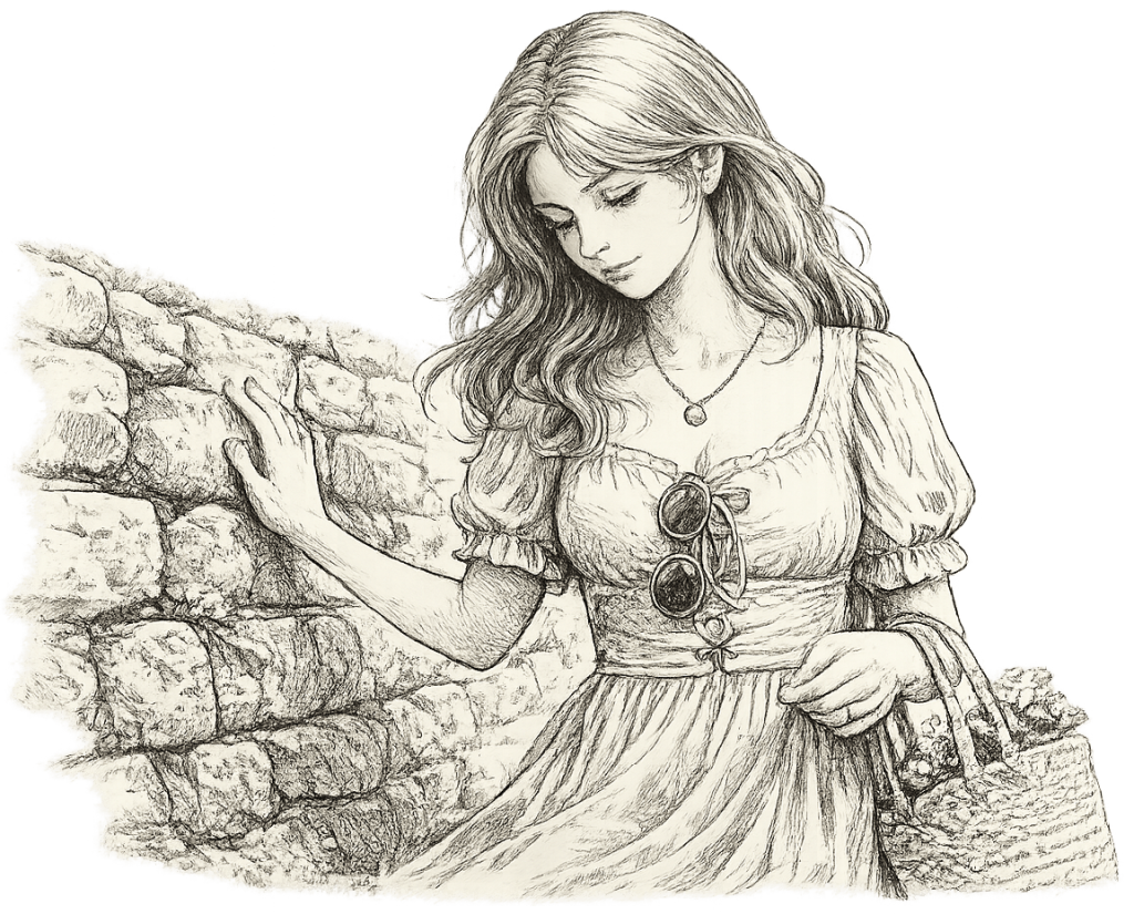 Nachdenkliche Dame an einer Steinmauer