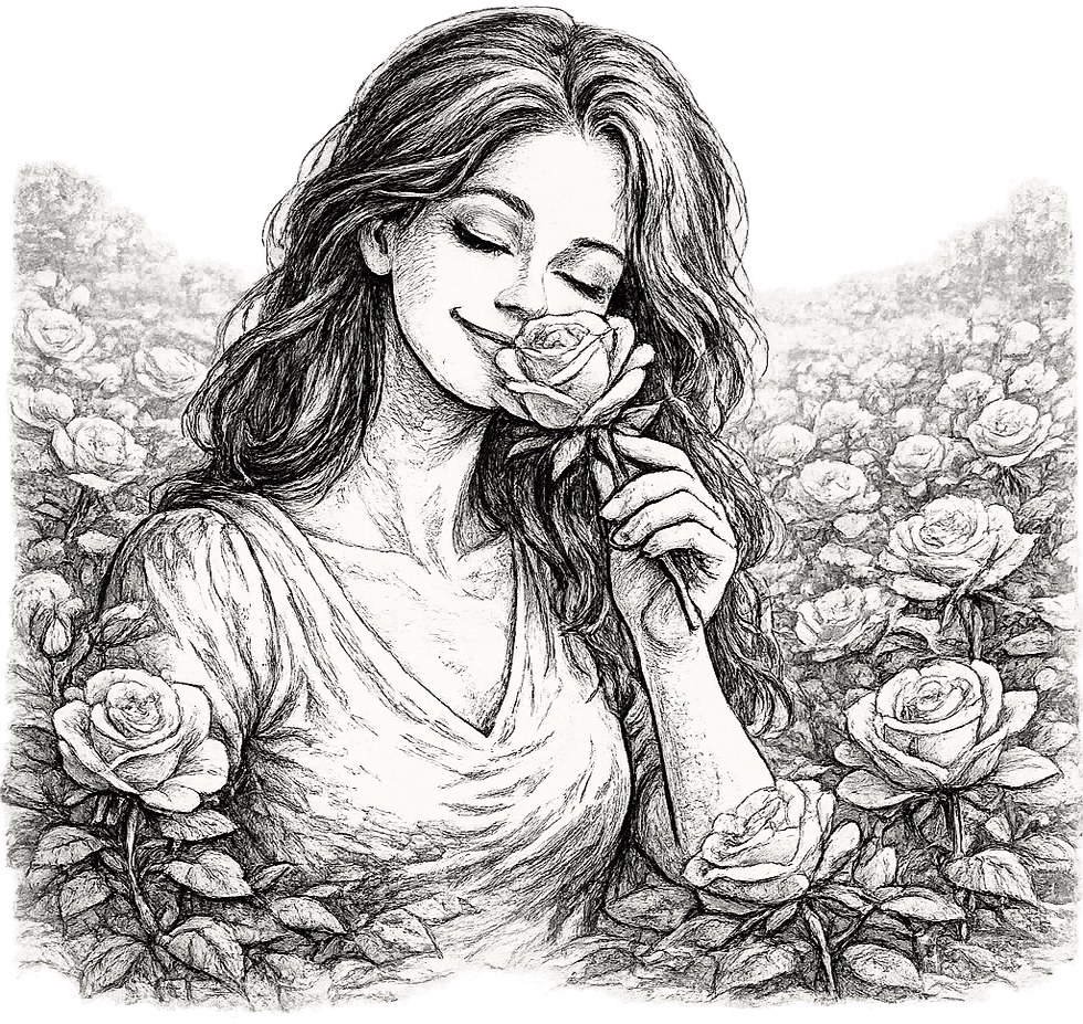 Junge Dame riecht an einer Rose in einem Rosenfeld