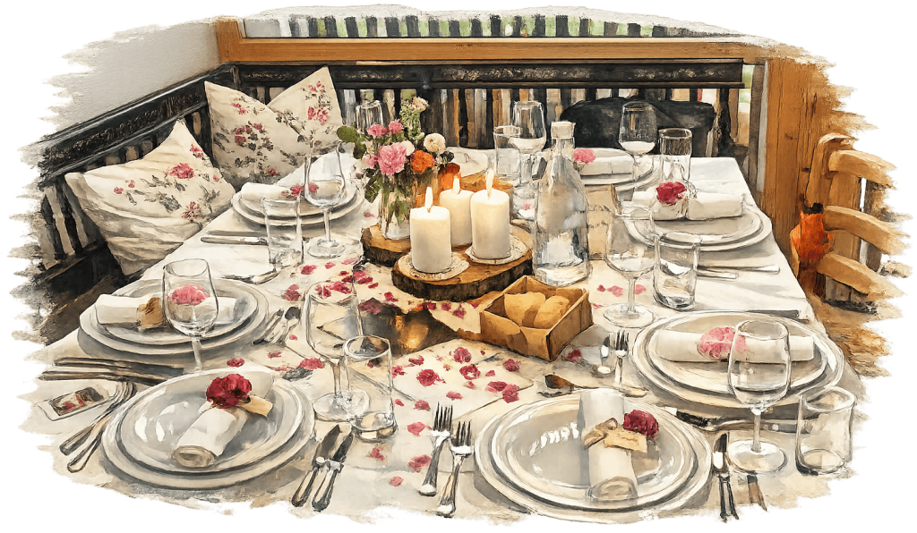 Gemalenes Bild von einem festlich gedeckten Tisch mit Rosenblättern und Kerzen in der Mitte