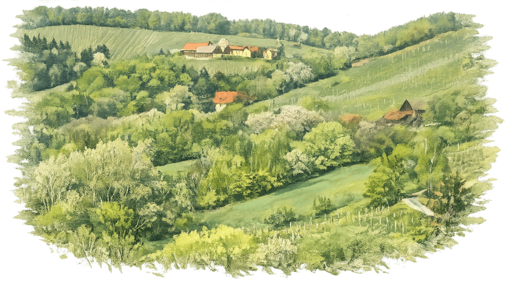 Gemalene Hügellandschaft mit viel Grün und einigen Häusern am Weg