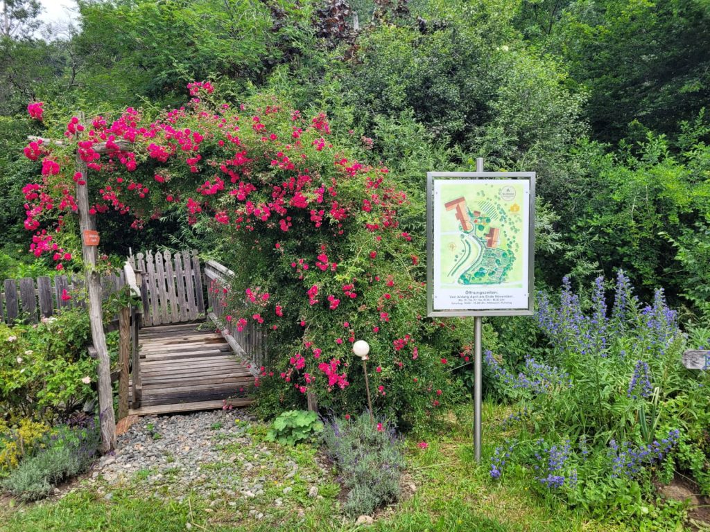Holzbrücke im blühenden Garten mit Infotafel