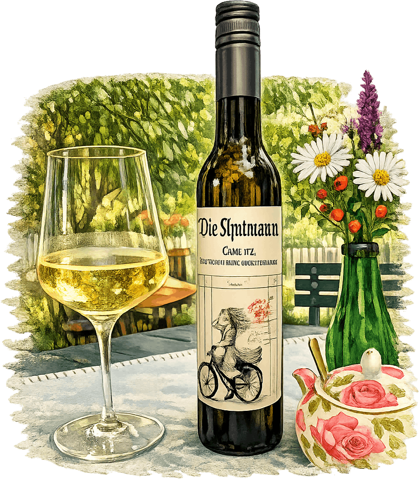 Weinflasche am Tisch neben einer Vase mit Blumen und einem gefüllten Weinglas